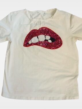 White Tee with Pink Sequin Lip Graphic